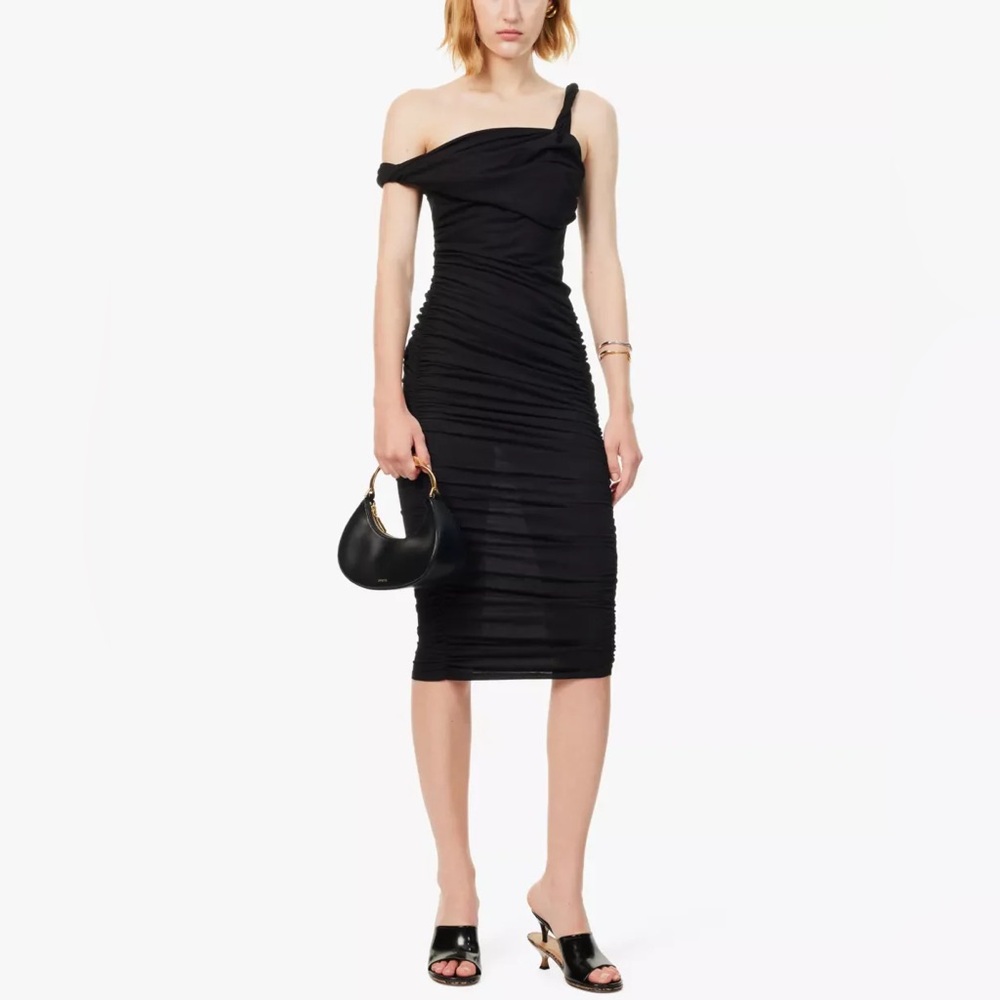 Reformation x Laura Harrier Alycia Black Knit Ruched Off Shoulder Midi Dress